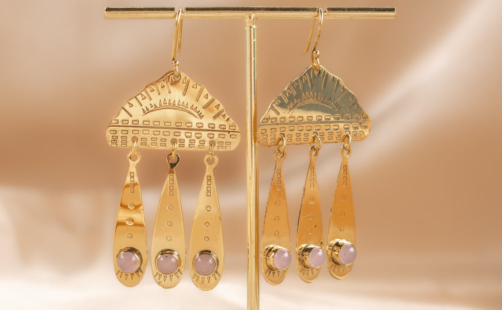 Cloud Drop handmade brass earring with tiger's eye stone — Land of Sundara