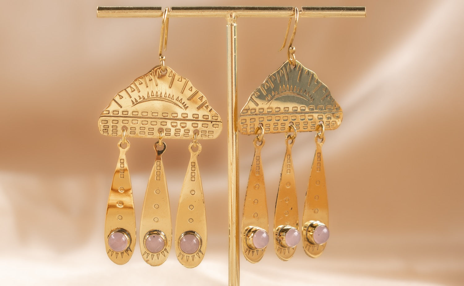 Cloud Drop handmade brass earring with tiger's eye stone — Land of Sundara