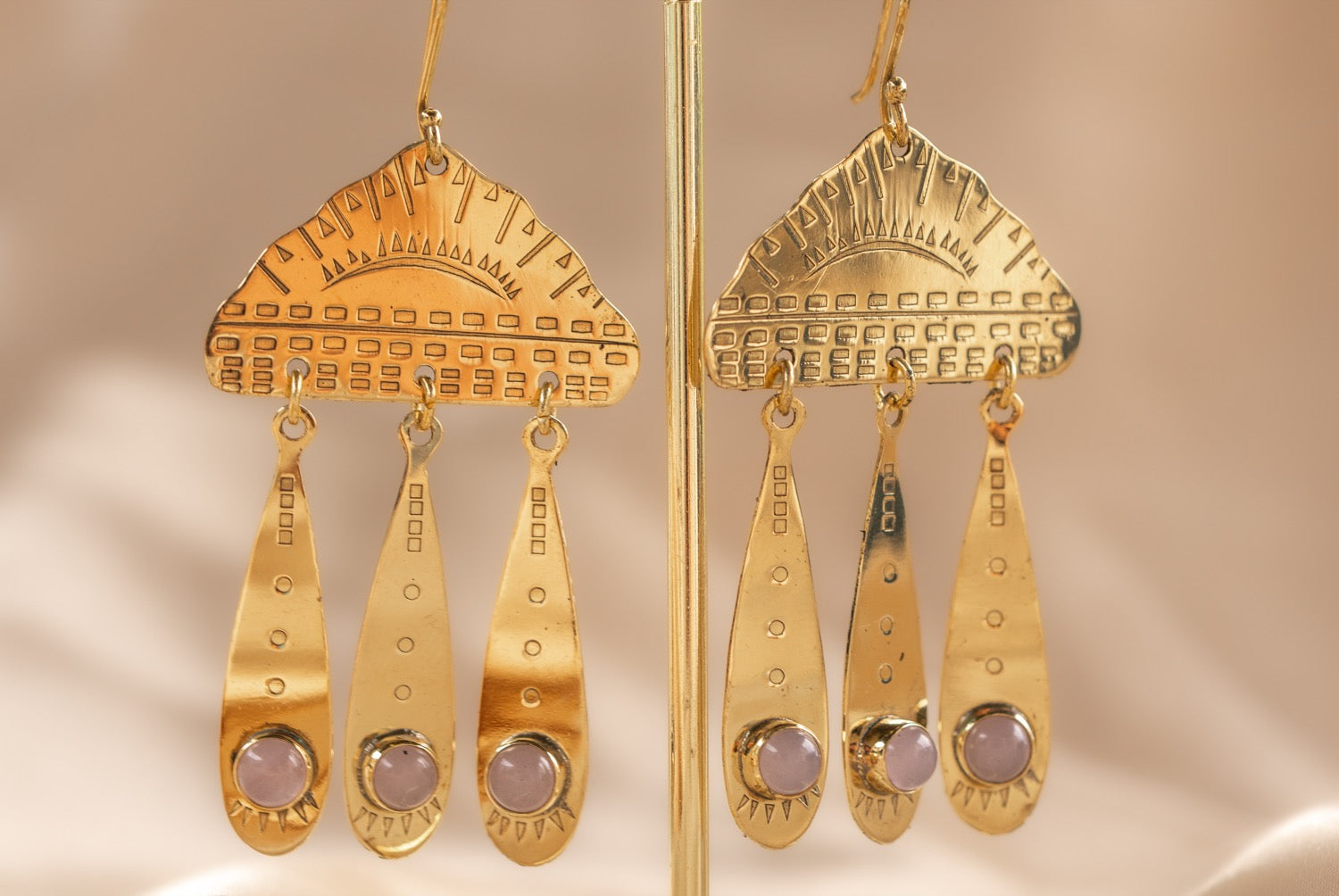 Cloud Drop handmade brass earring with tiger's eye stone — Land of Sundara