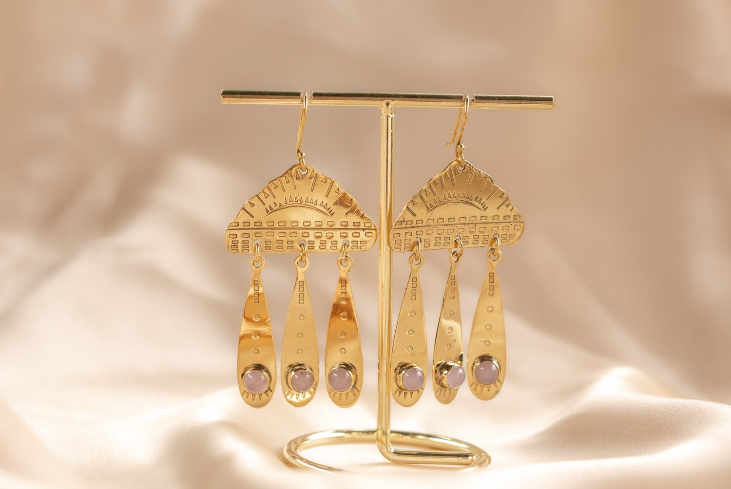 Cloud Drop handmade brass earring with tiger's eye stone — Land of Sundara