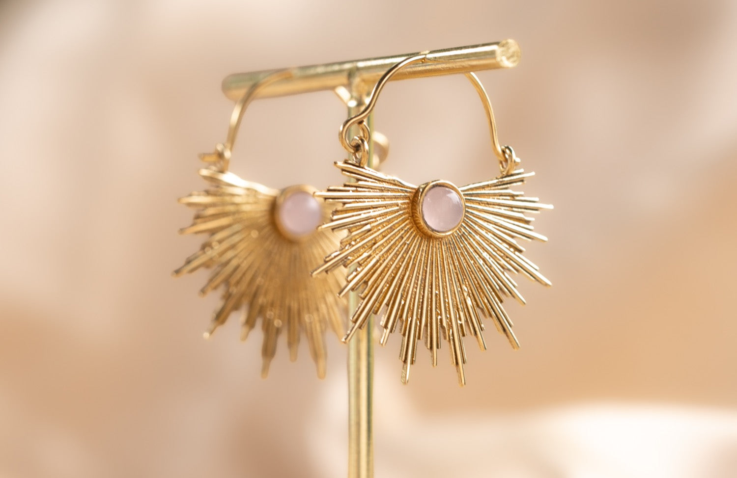 Dawn Half Sun handmade brass earring with rose quartz stone — Land of Sundara