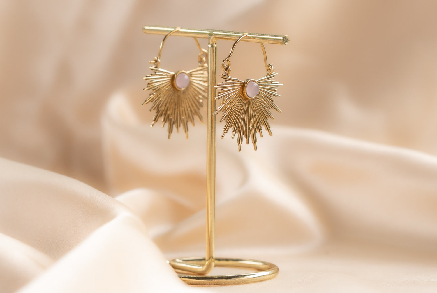 Dawn Half Sun handmade brass earring with rose quartz stone — Land of Sundara