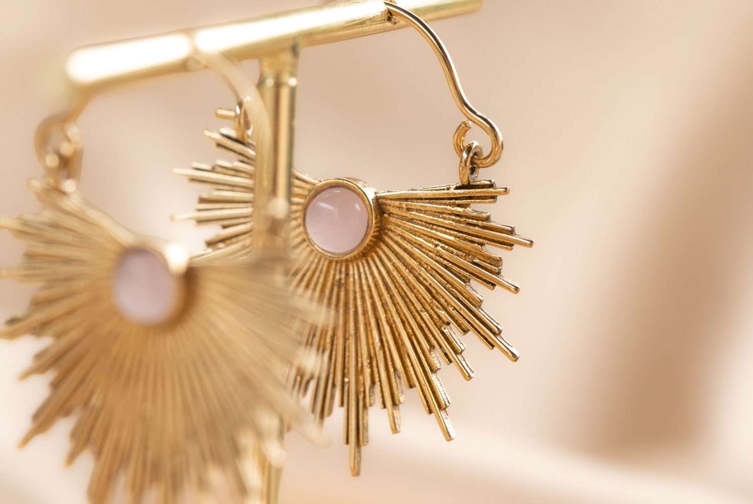 Dawn Half Sun handmade brass earring with rose quartz stone — Land of Sundara