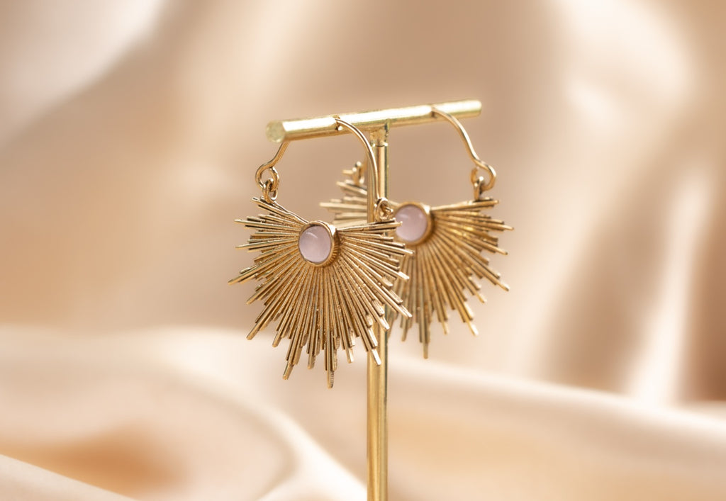 Dawn Half Sun handmade brass earring with rose quartz stone — Land of Sundara