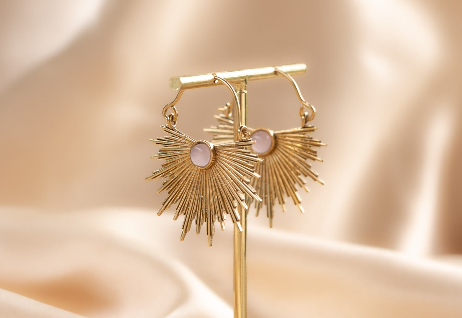 Dawn Half Sun handmade brass earring with rose quartz stone — Land of Sundara