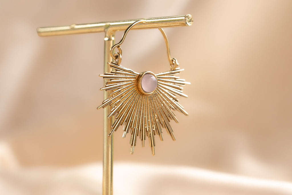 Dawn Half Sun handmade brass earring with rose quartz stone — Land of Sundara