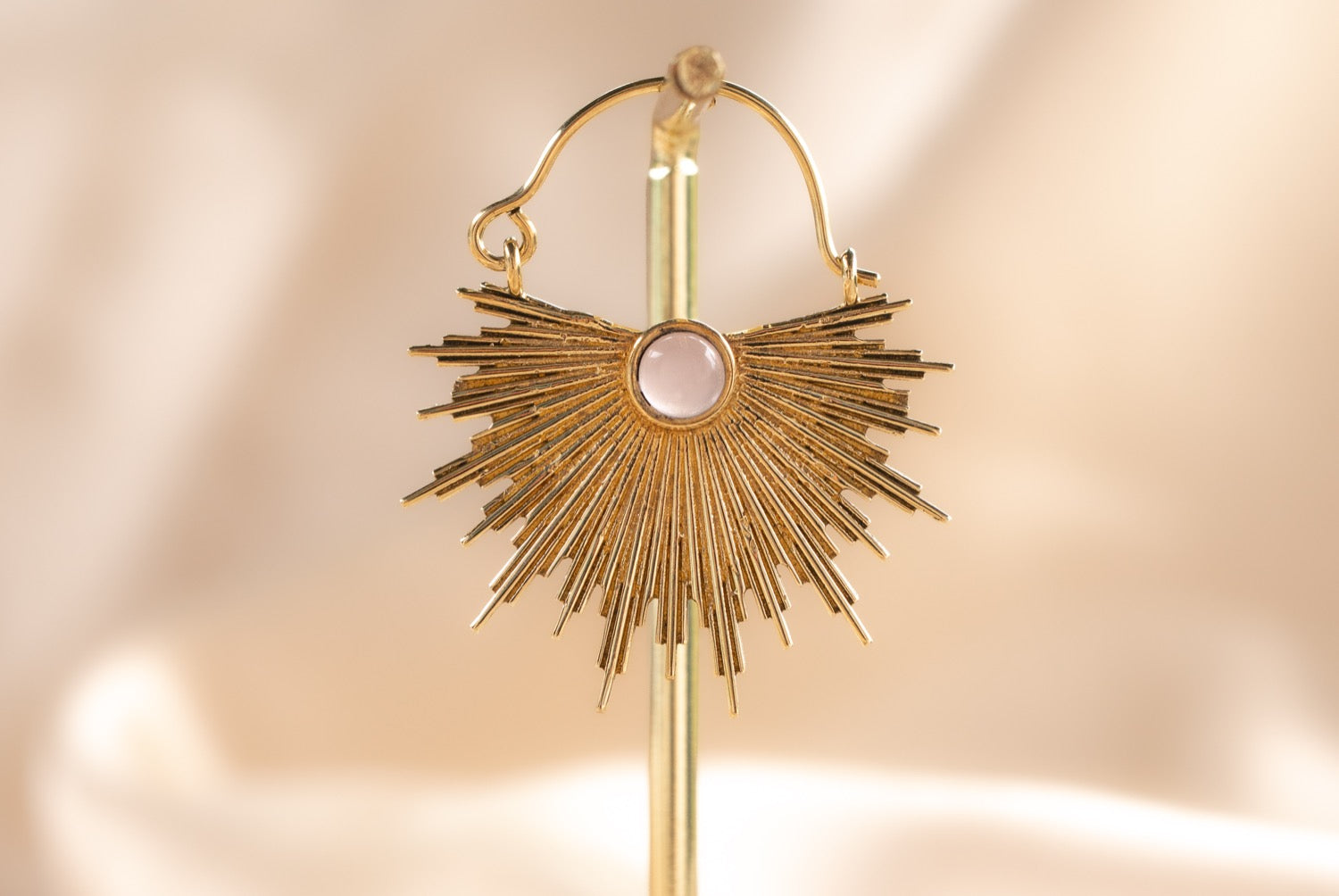 Dawn Half Sun handmade brass earring with rose quartz stone — Land of Sundara