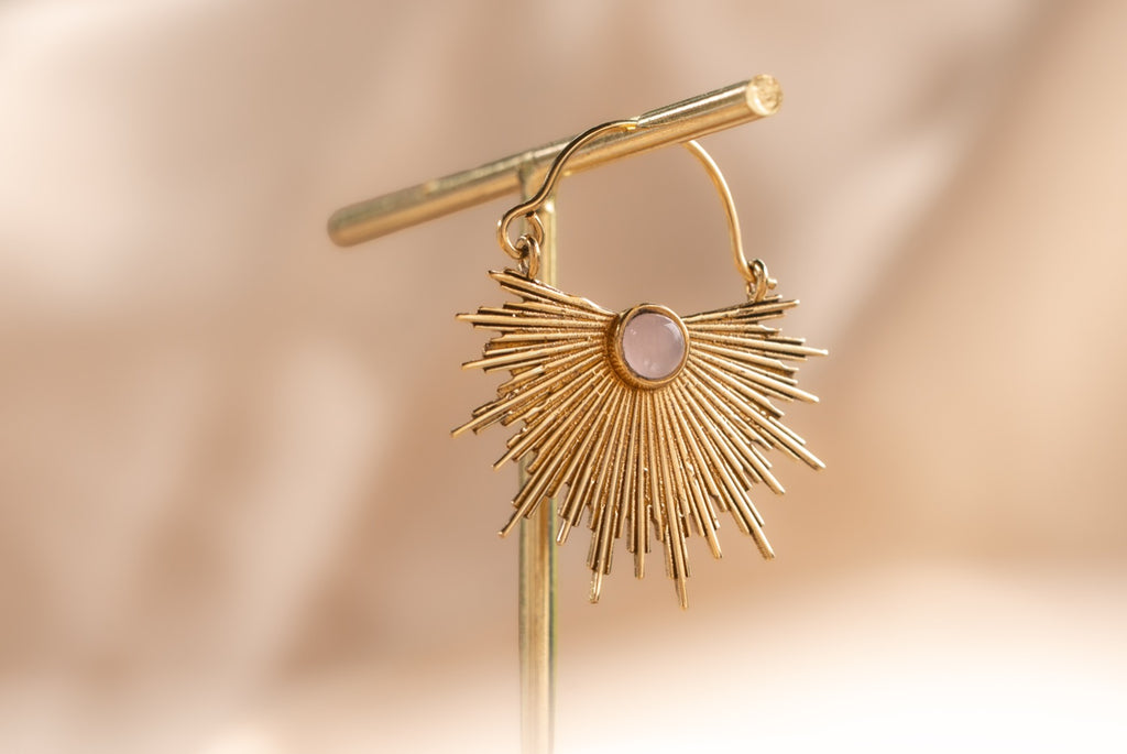 Dawn Half Sun handmade brass earring with rose quartz stone — Land of Sundara
