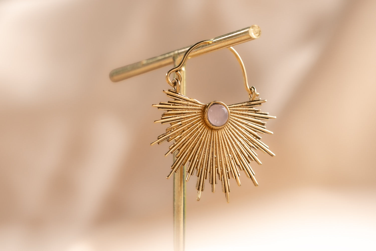 Dawn Half Sun handmade brass earring with rose quartz stone — Land of Sundara