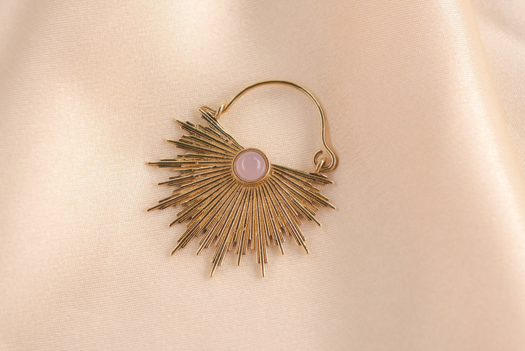 Dawn Half Sun handmade brass earring with rose quartz stone — Land of Sundara