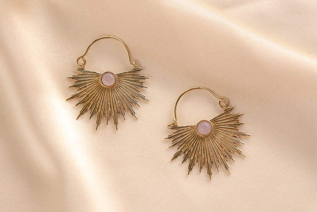 Dawn Half Sun handmade brass earring with rose quartz stone — Land of Sundara