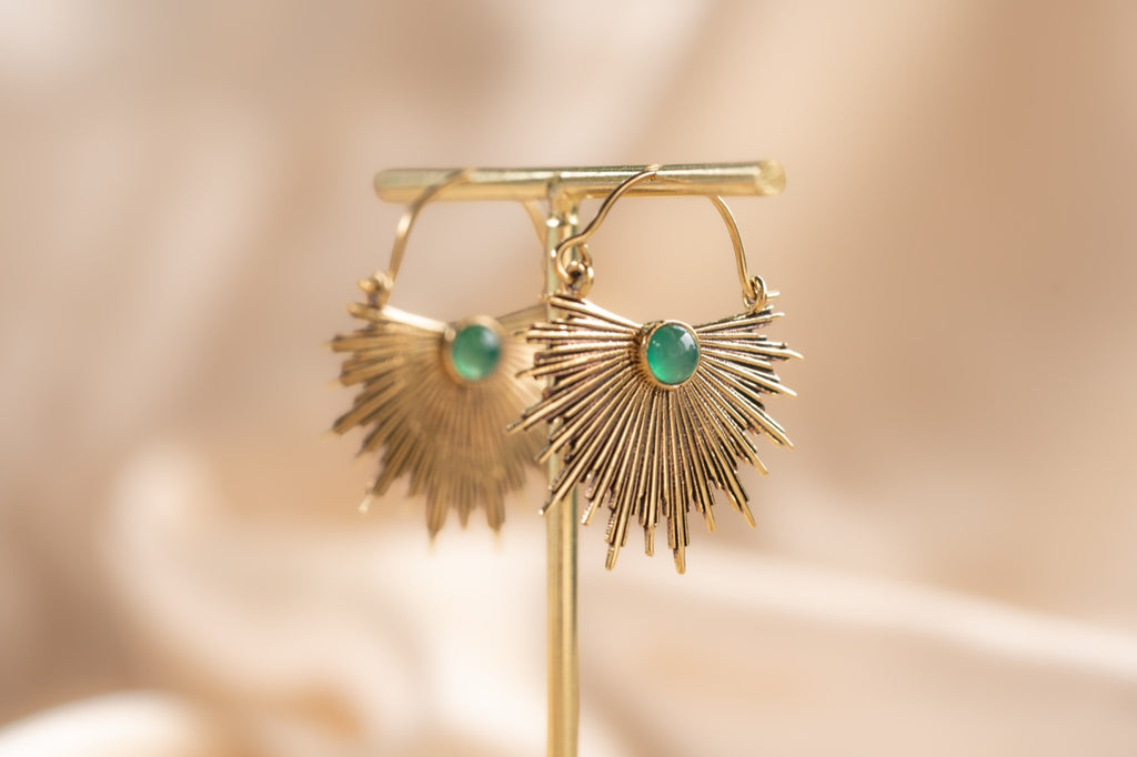 Dawn Half Sun handmade brass earring with rose quartz stone — Land of Sundara