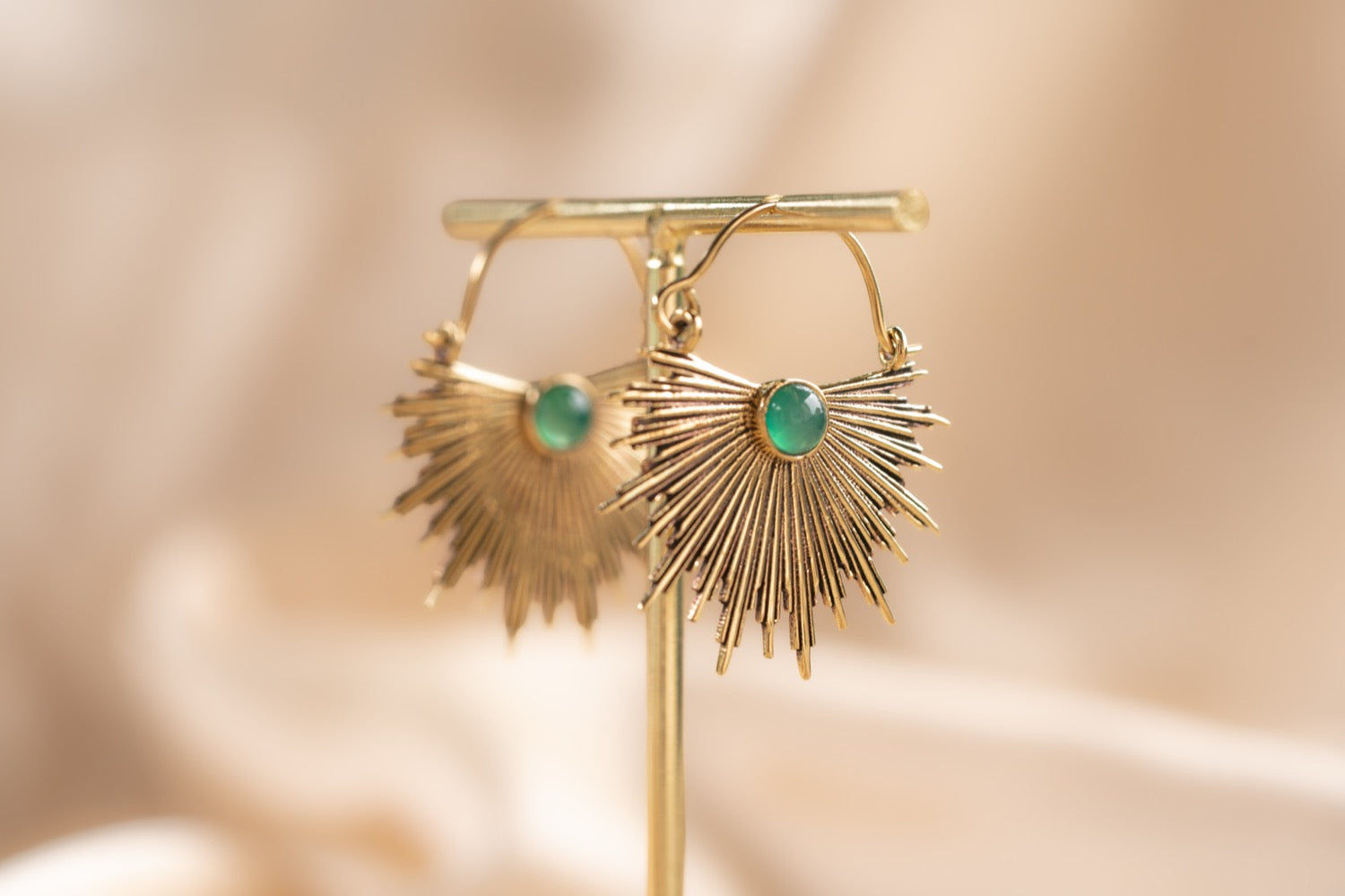 Dawn Half Sun handmade brass earring with rose quartz stone — Land of Sundara