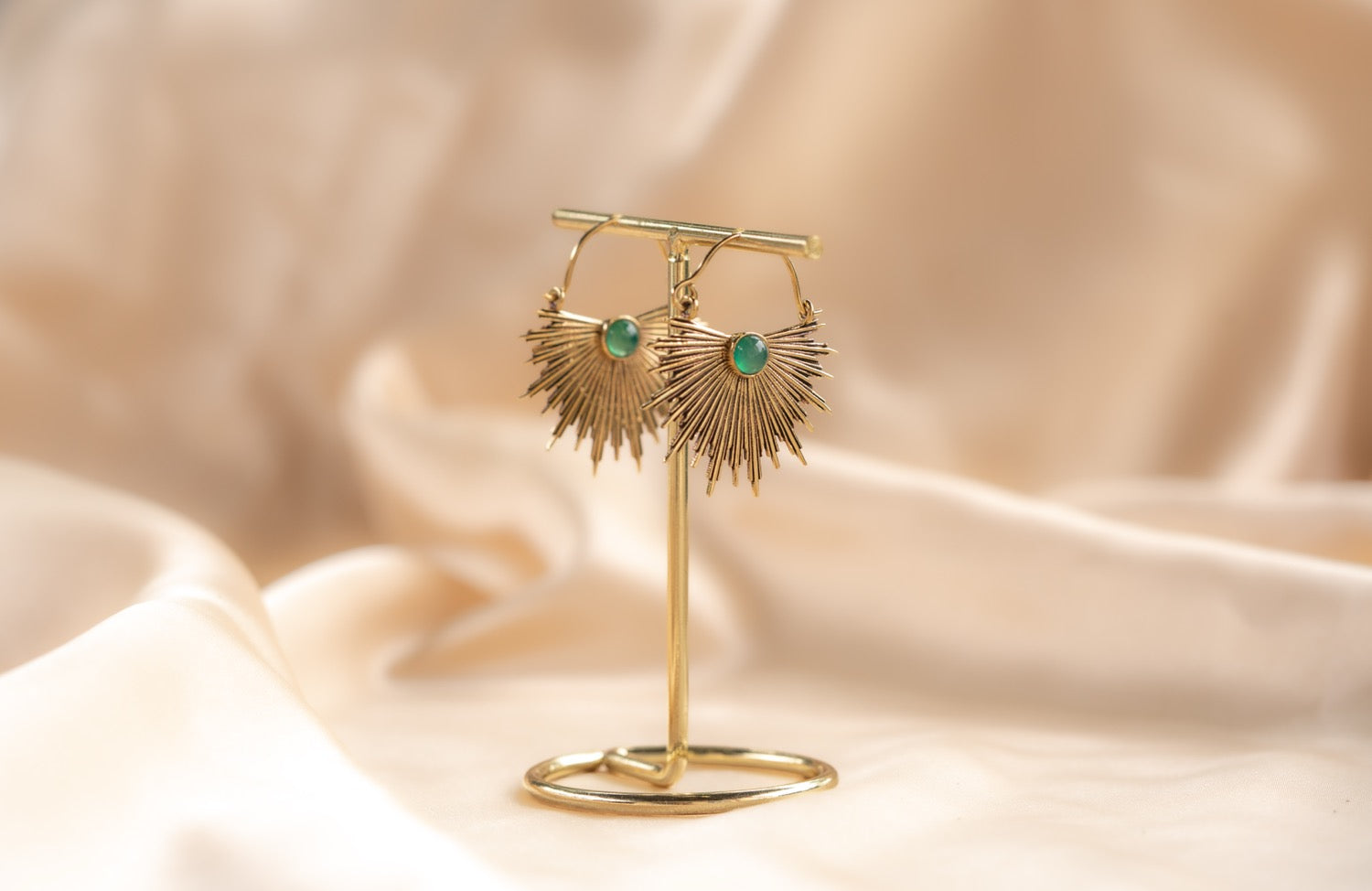 Dawn Half Sun handmade brass earring with rose quartz stone — Land of Sundara