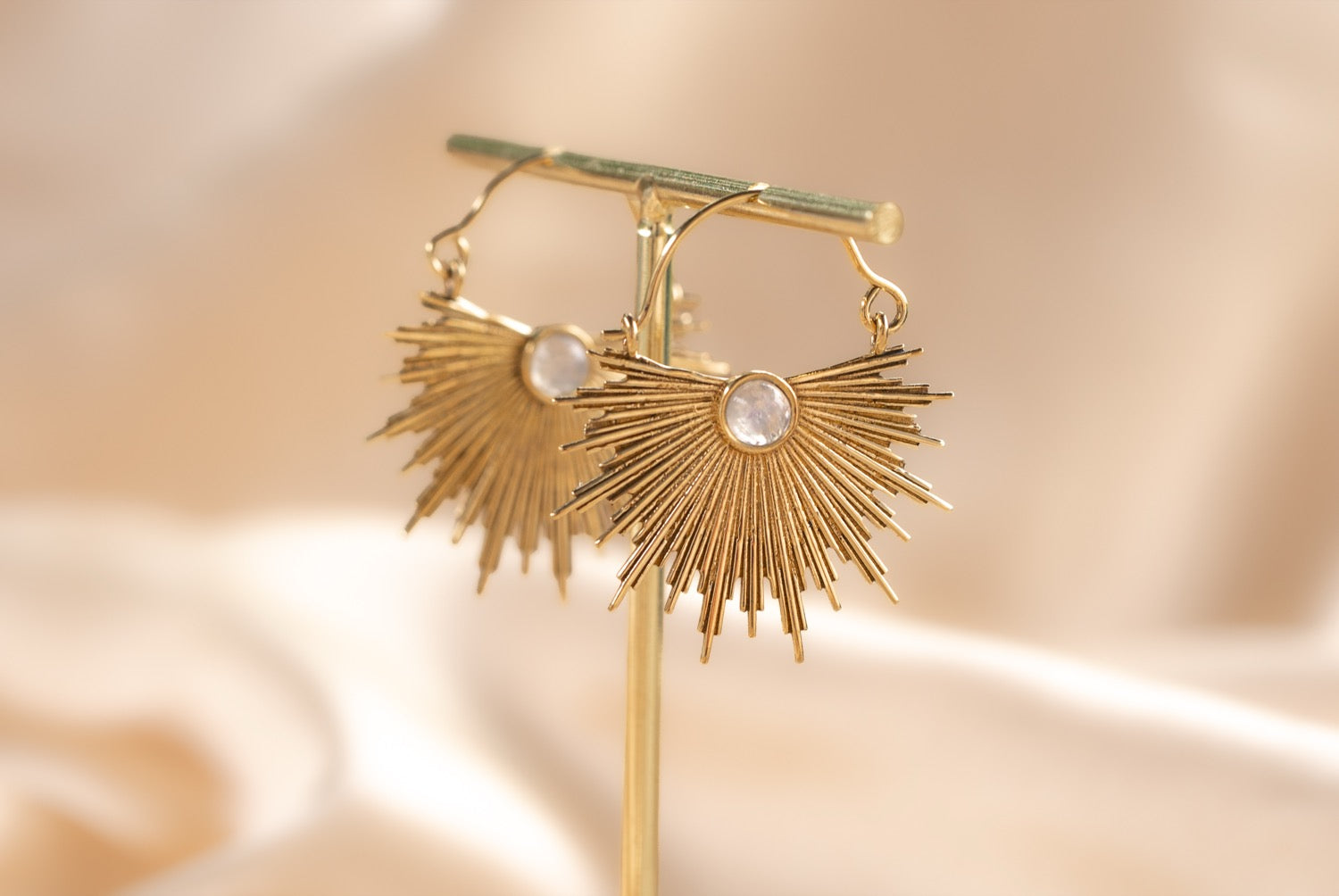 Dawn Half Sun handmade brass earring with rose quartz stone — Land of Sundara