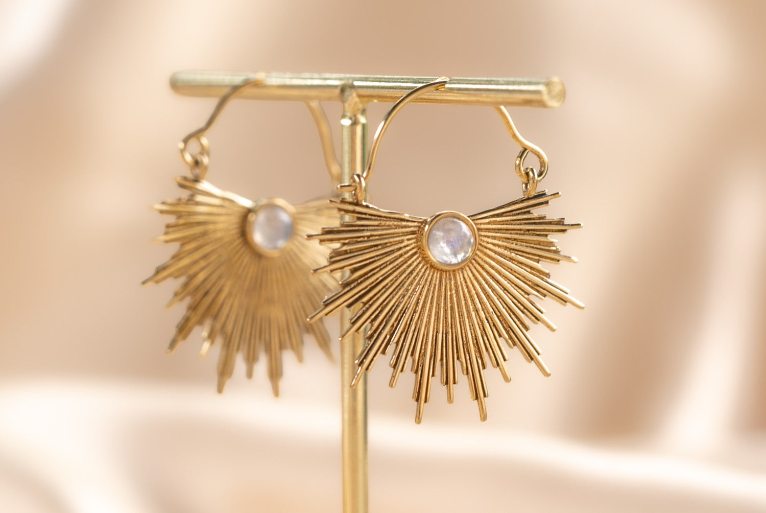 Dawn Half Sun handmade brass earring with rose quartz stone — Land of Sundara