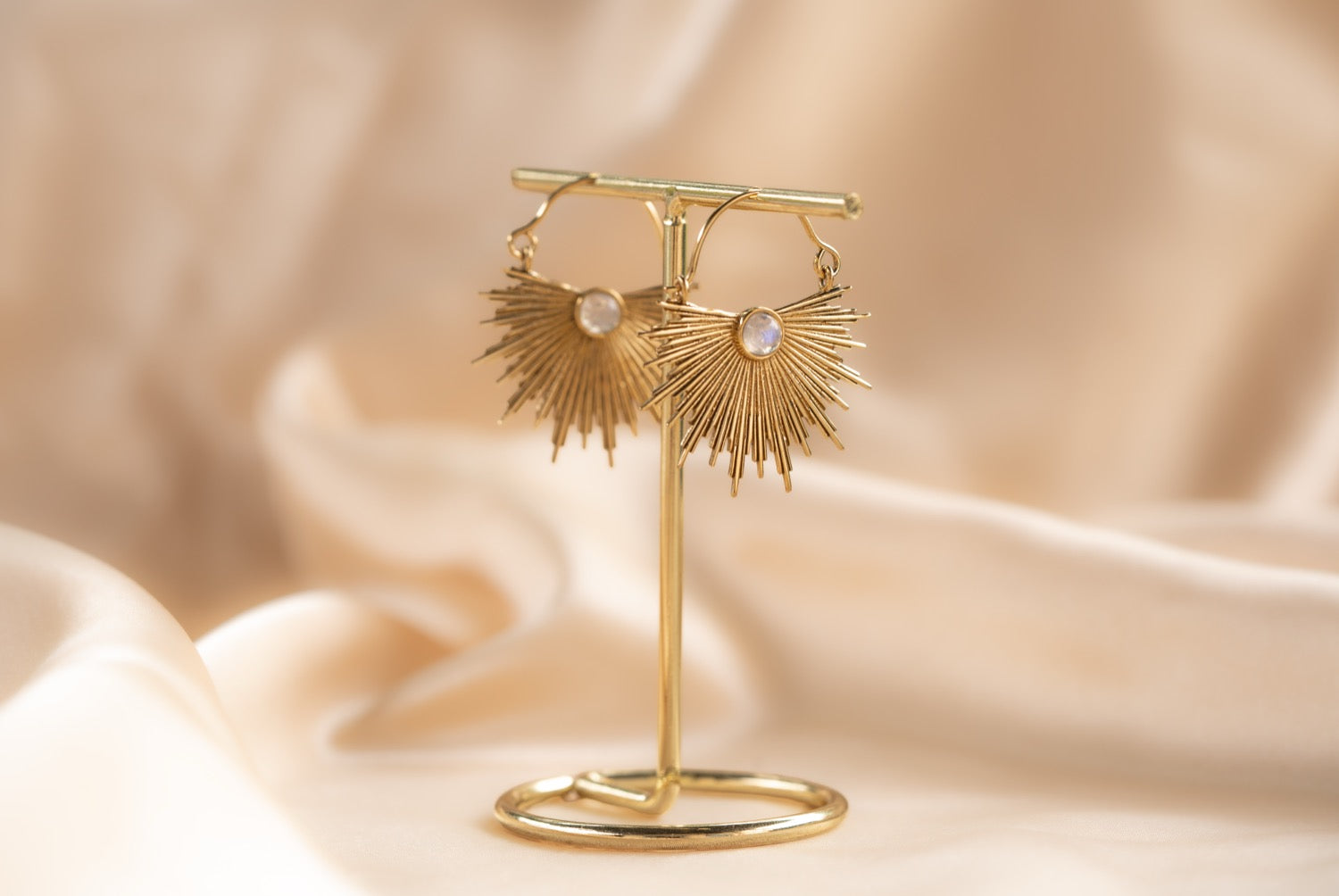 Dawn Half Sun handmade brass earring with rose quartz stone — Land of Sundara