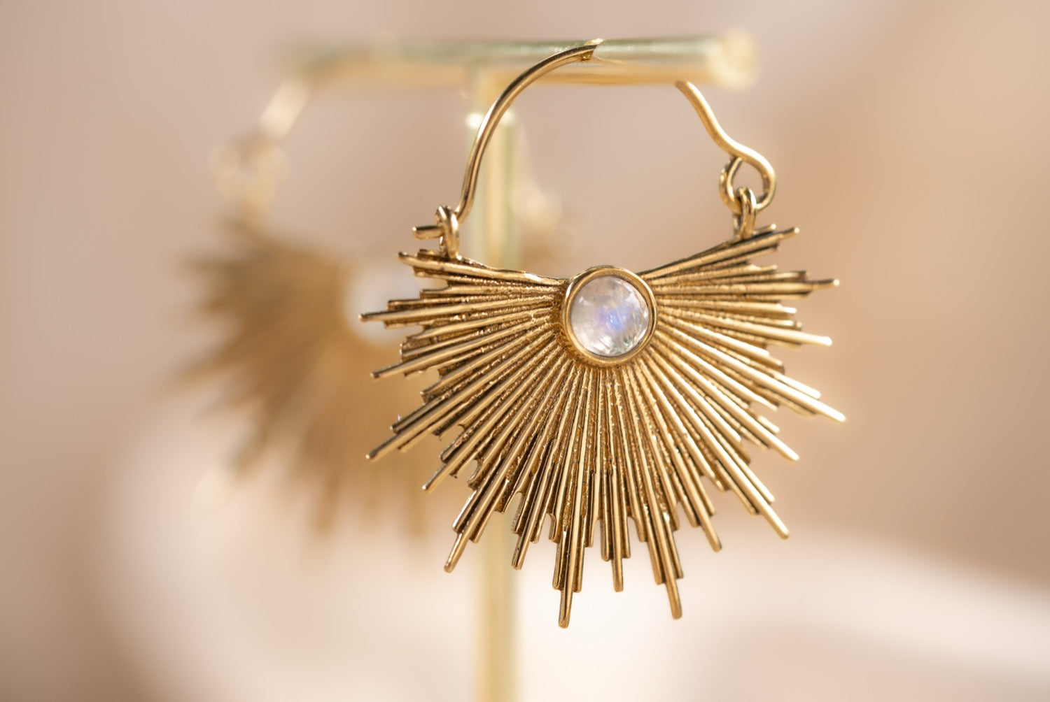 Dawn Half Sun handmade brass earring with rose quartz stone — Land of Sundara
