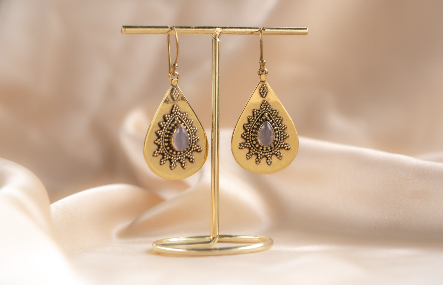 Rose Teardrop handmade brass earring with ruby stone — Land of Sundara