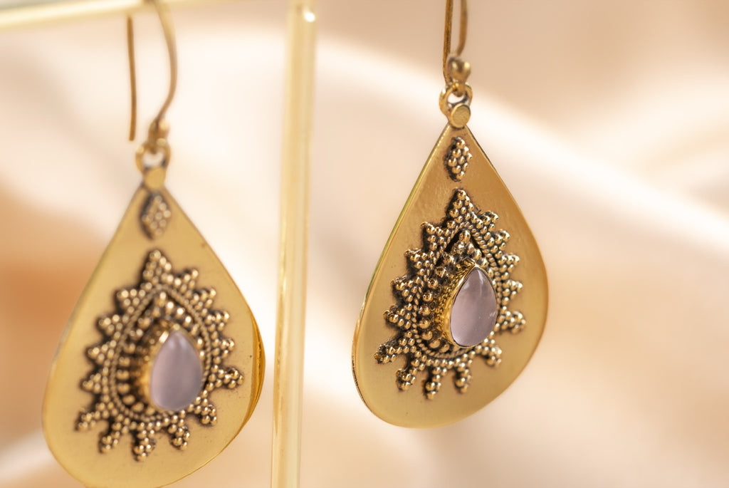 Rose Teardrop handmade brass earring with ruby stone — Land of Sundara