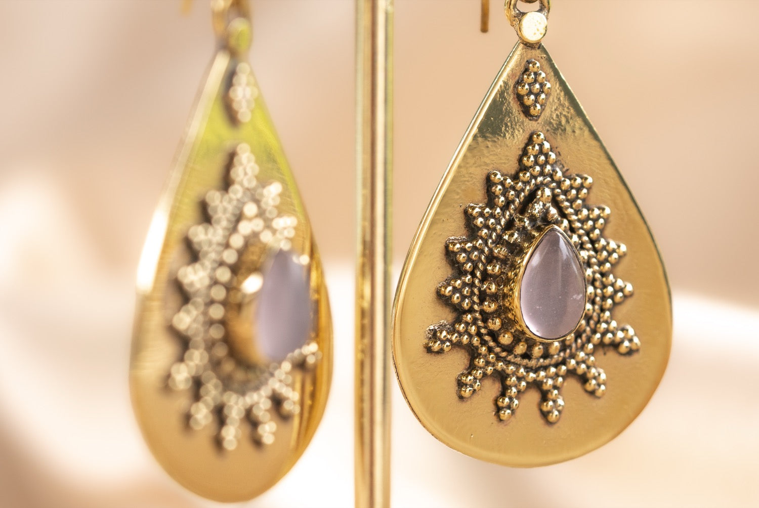 Rose Teardrop handmade brass earring with ruby stone — Land of Sundara
