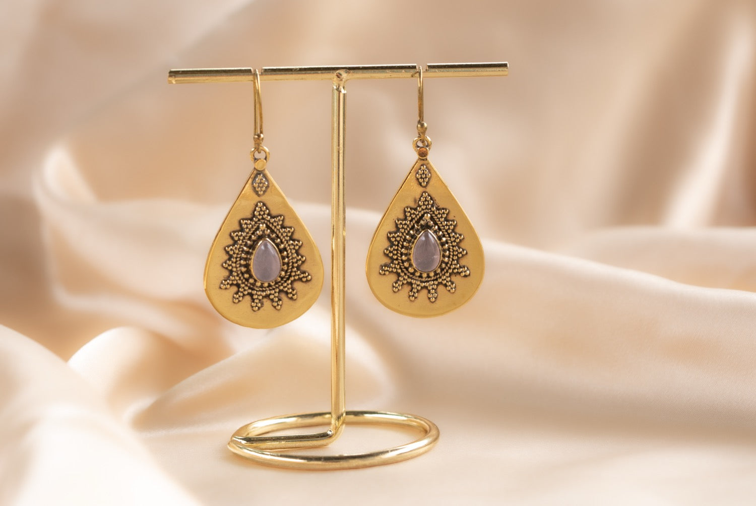 Rose Teardrop handmade brass earring with ruby stone — Land of Sundara