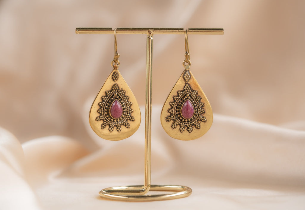 Rose Teardrop handmade brass earring with ruby stone — Land of Sundara