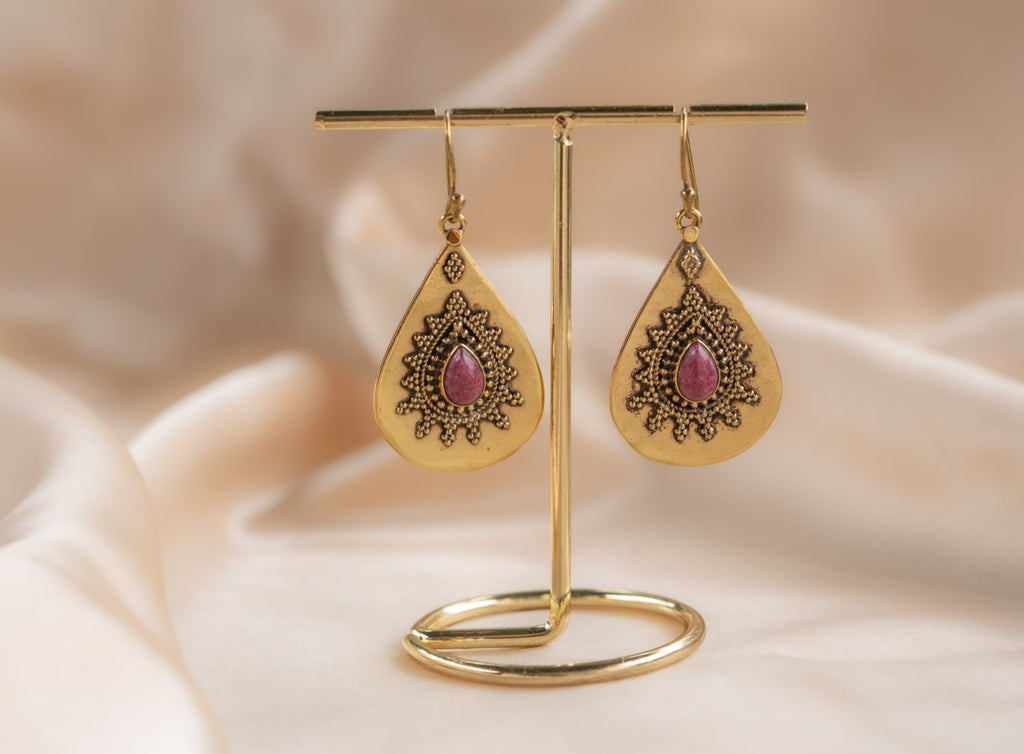 Rose Teardrop handmade brass earring with ruby stone — Land of Sundara