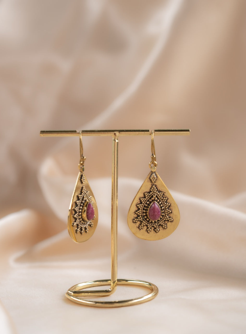 Rose Teardrop handmade brass earring with ruby stone — Land of Sundara