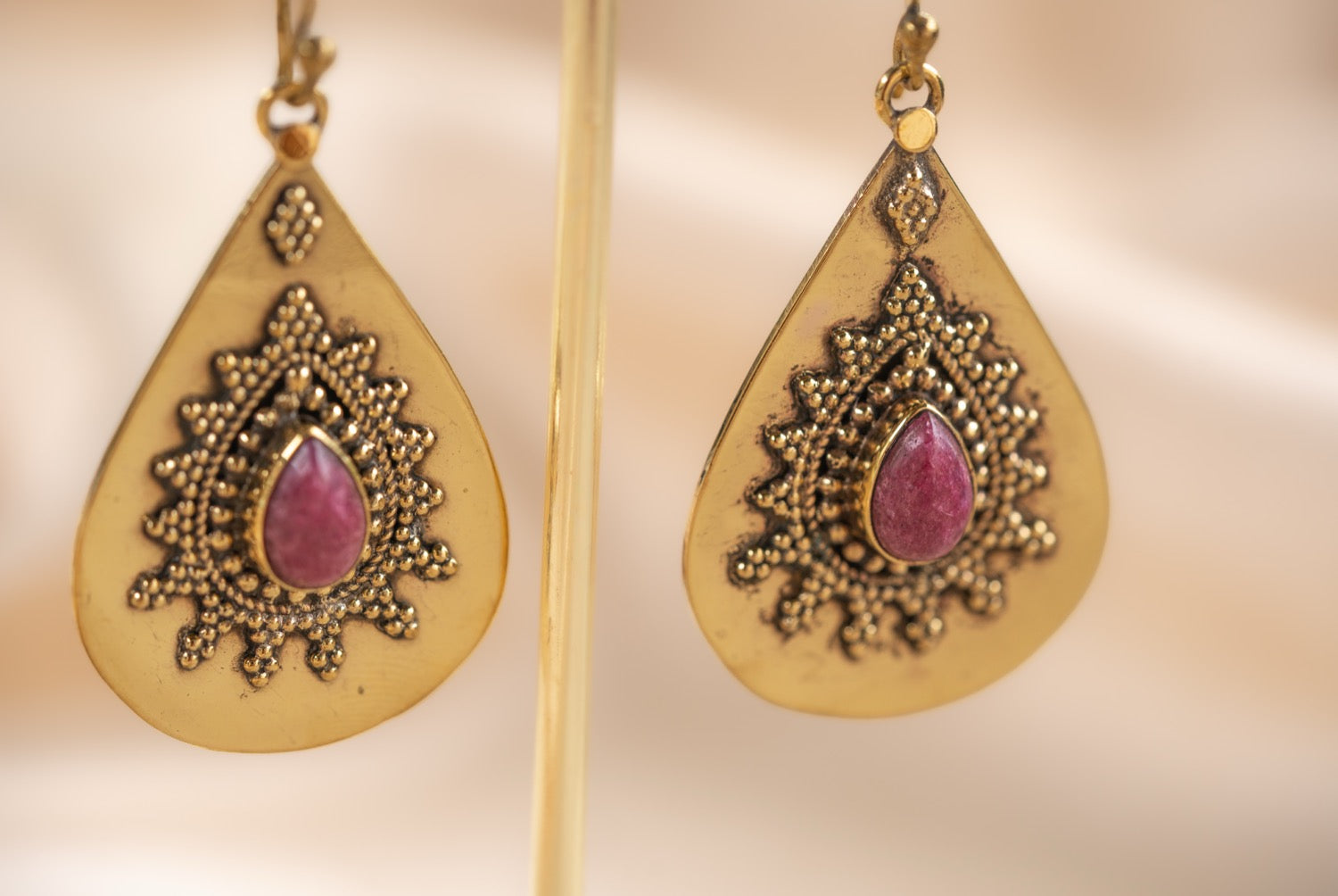 Rose Teardrop handmade brass earring with ruby stone — Land of Sundara