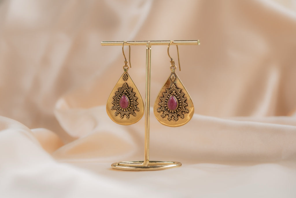 Rose Teardrop handmade brass earring with ruby stone — Land of Sundara