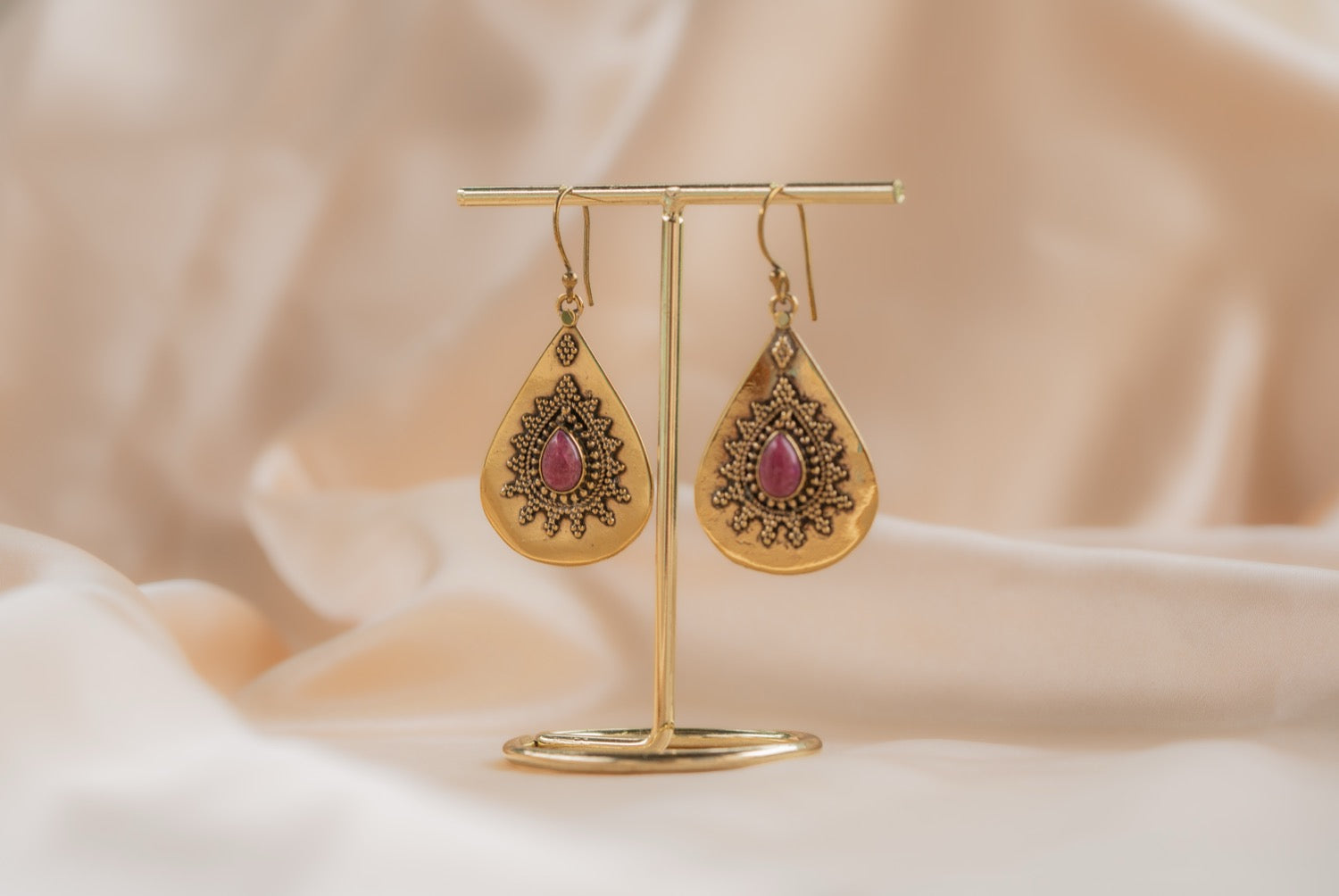 Rose Teardrop handmade brass earring with ruby stone — Land of Sundara