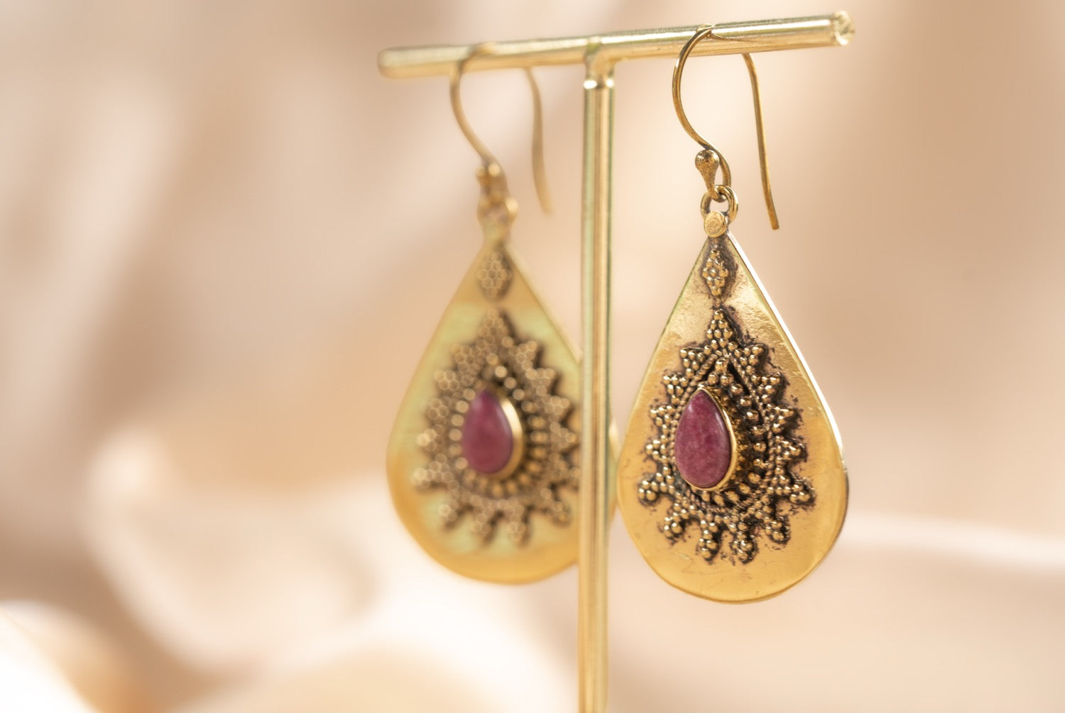 Rose Teardrop handmade brass earring with ruby stone — Land of Sundara