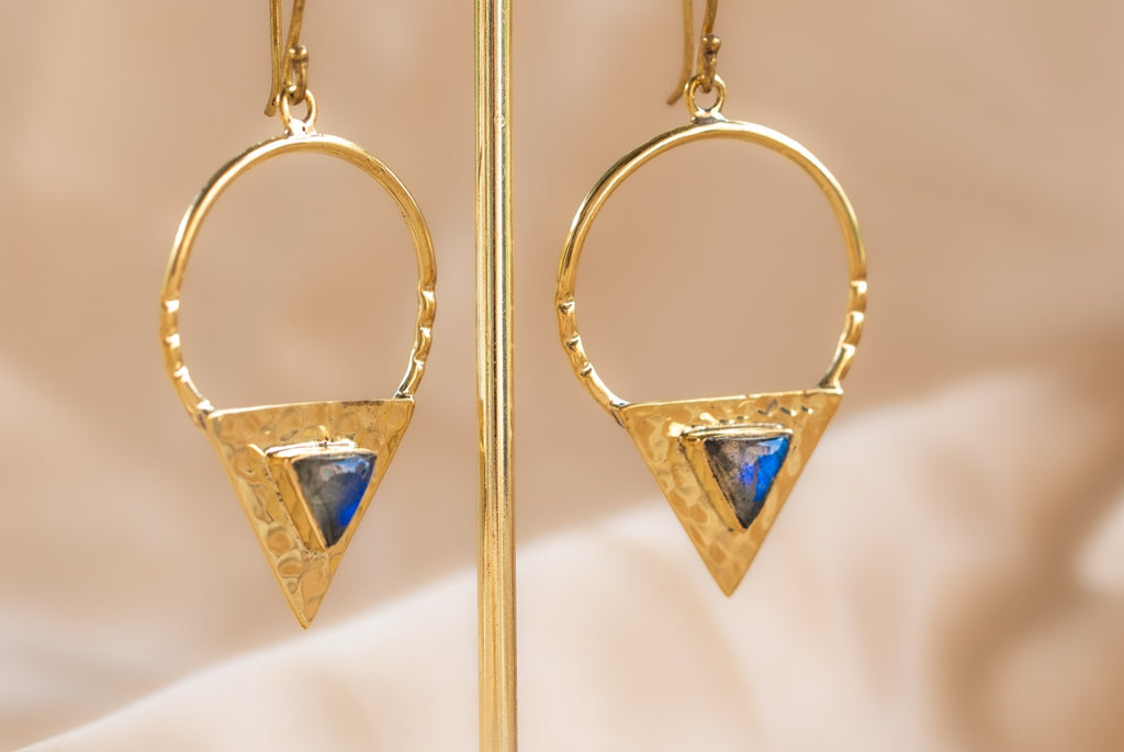 Twilight Point handmade brass earring with labradorite stone — Land of Sundara