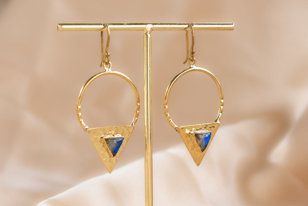 Twilight Point handmade brass earring with labradorite stone — Land of Sundara