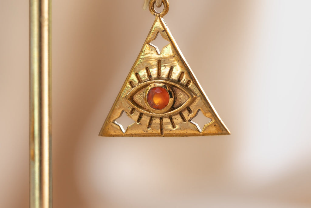 Eye of Horus Triangle handmade brass earring with carnelian stone — Land of Sundara