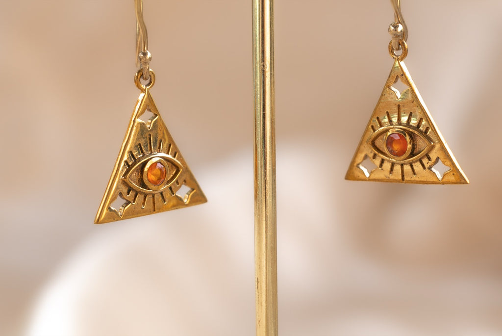 Eye of Horus Triangle handmade brass earring with carnelian stone — Land of Sundara
