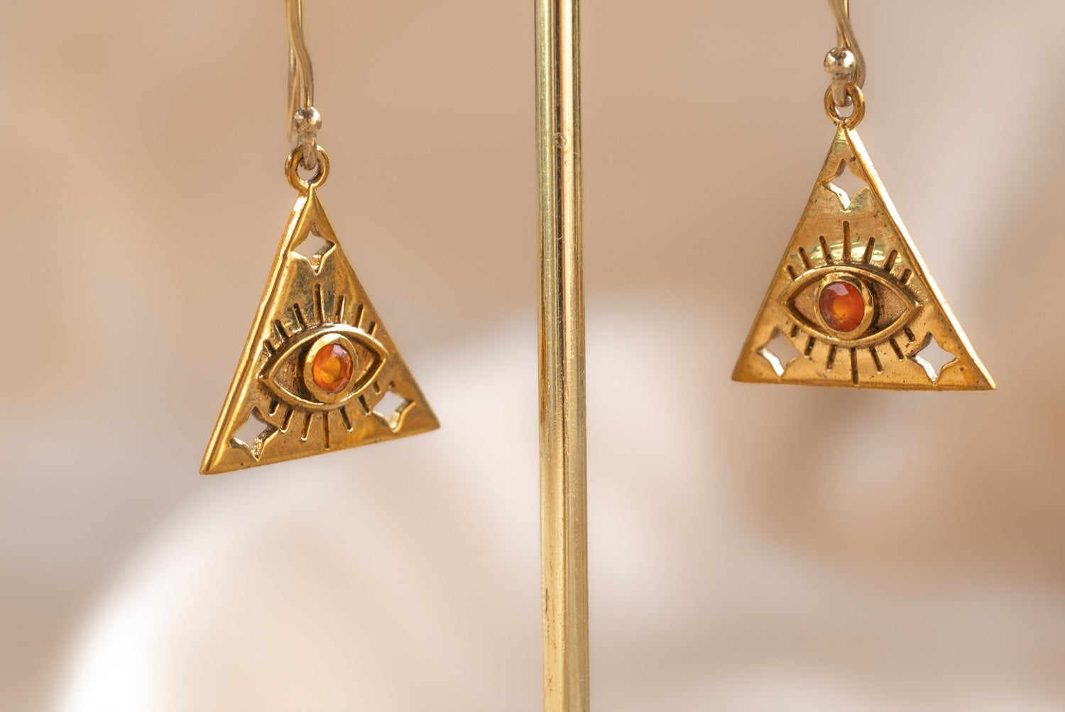 Eye of Horus Triangle handmade brass earring with carnelian stone — Land of Sundara