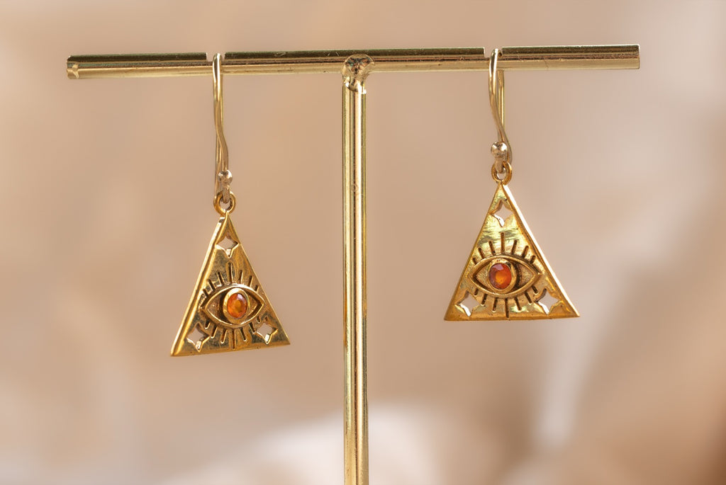 Eye of Horus Triangle handmade brass earring with carnelian stone — Land of Sundara