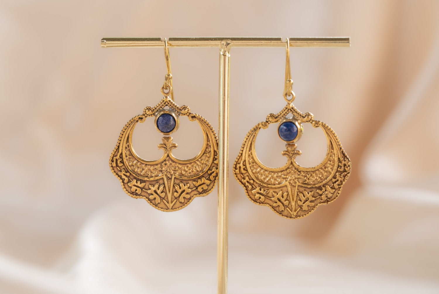 Petal Drop handmade brass earring with rainbow moonstone stone — Land of Sundara