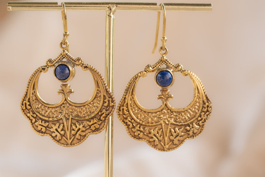 Petal Drop handmade brass earring with rainbow moonstone stone — Land of Sundara