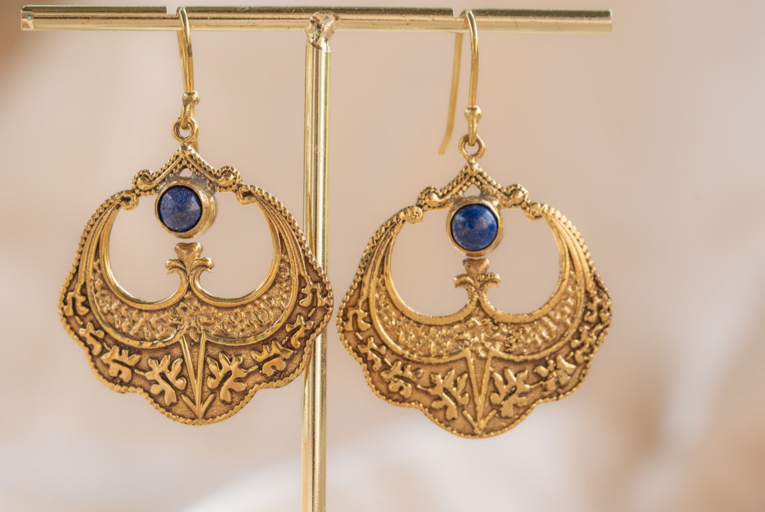 Petal Drop handmade brass earring with rainbow moonstone stone — Land of Sundara