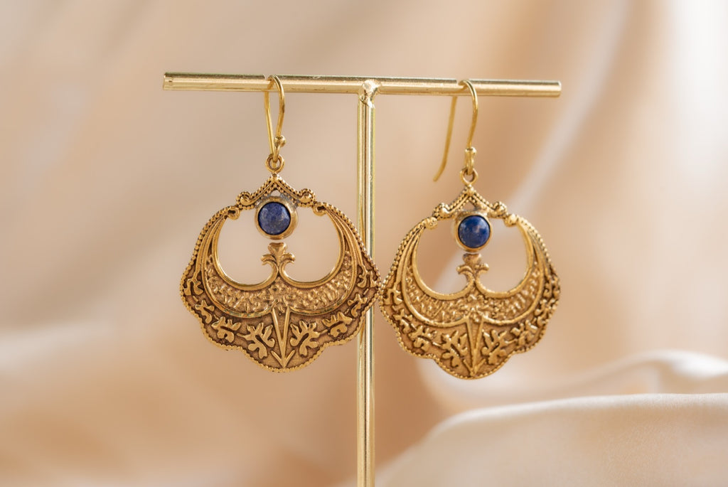 Petal Drop handmade brass earring with rainbow moonstone stone — Land of Sundara