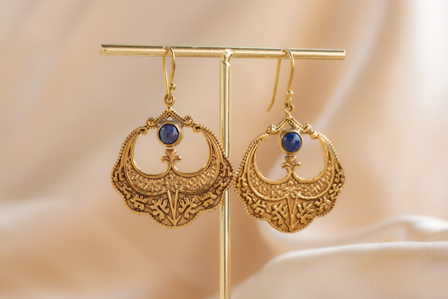 Petal Drop handmade brass earring with rainbow moonstone stone — Land of Sundara