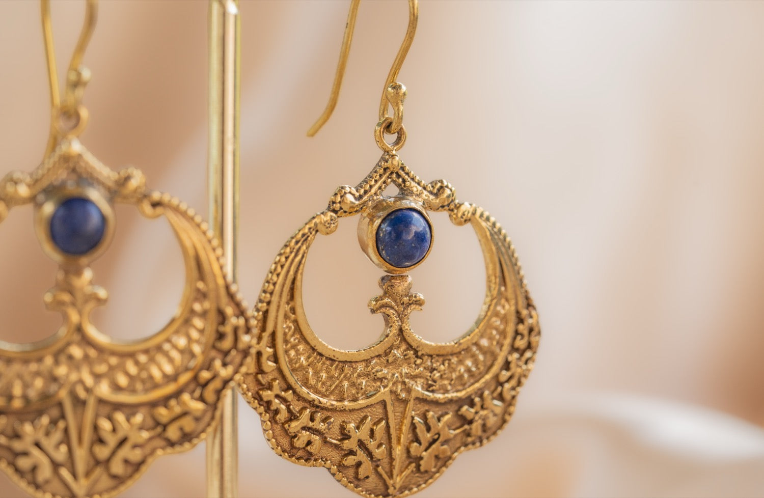 Petal Drop handmade brass earring with rainbow moonstone stone — Land of Sundara