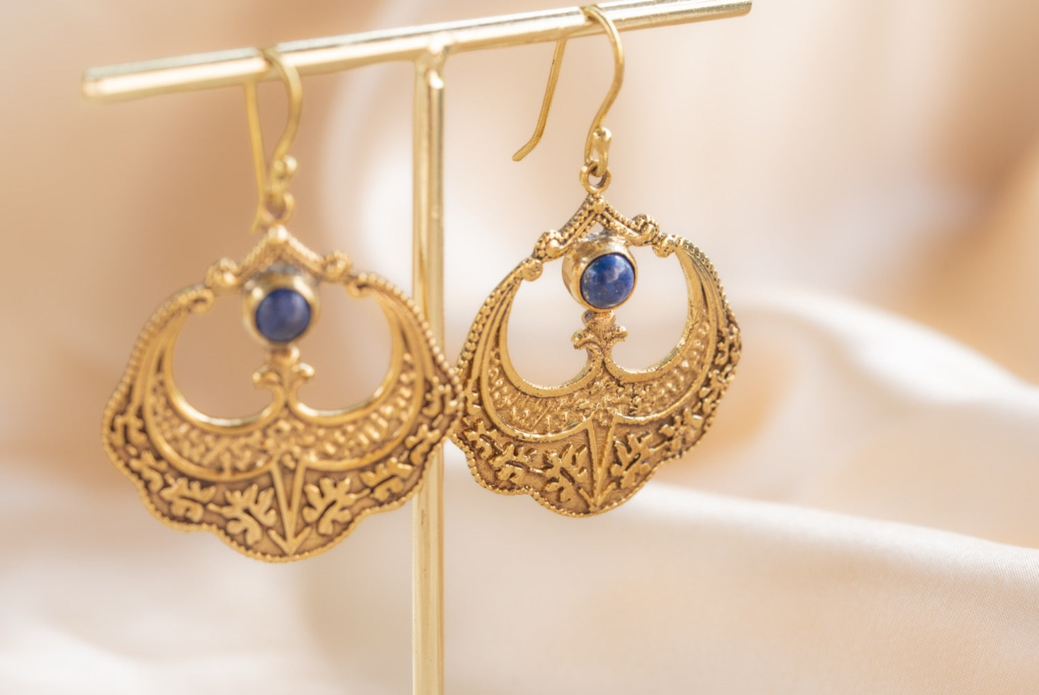 Petal Drop handmade brass earring with rainbow moonstone stone — Land of Sundara