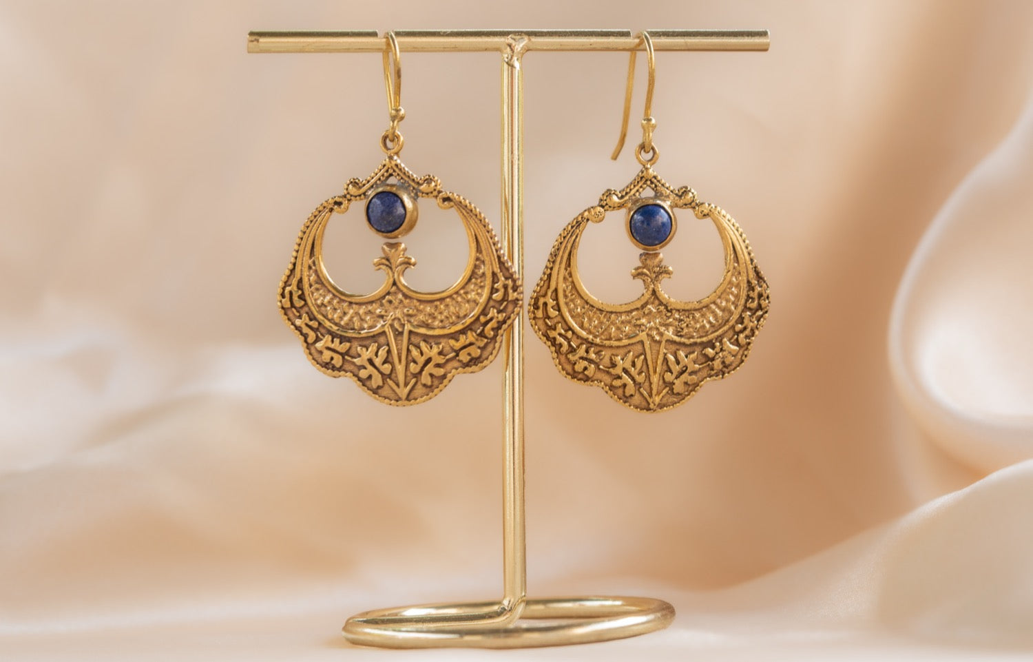 Petal Drop handmade brass earring with rainbow moonstone stone — Land of Sundara