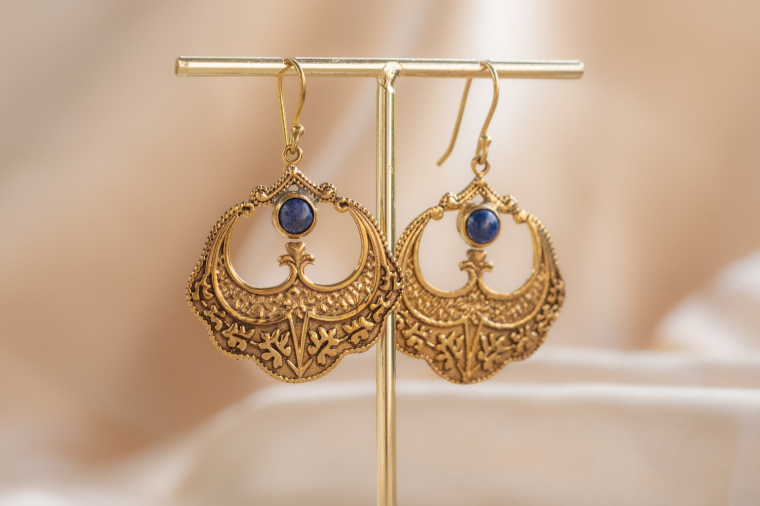 Petal Drop handmade brass earring with rainbow moonstone stone — Land of Sundara