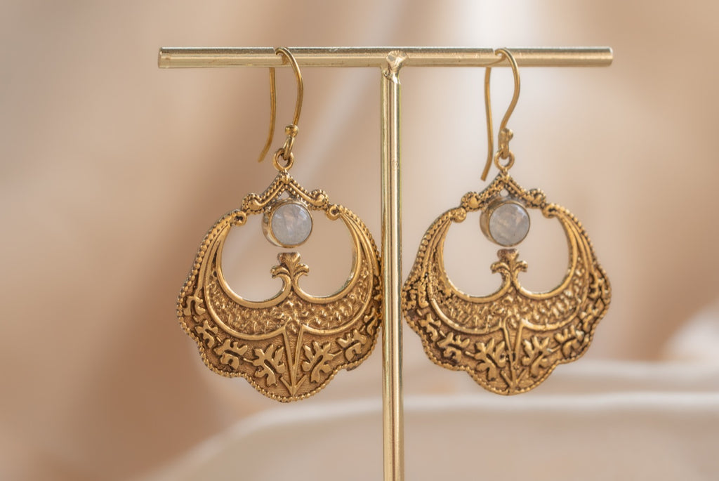 Petal Drop handmade brass earring with rainbow moonstone stone — Land of Sundara