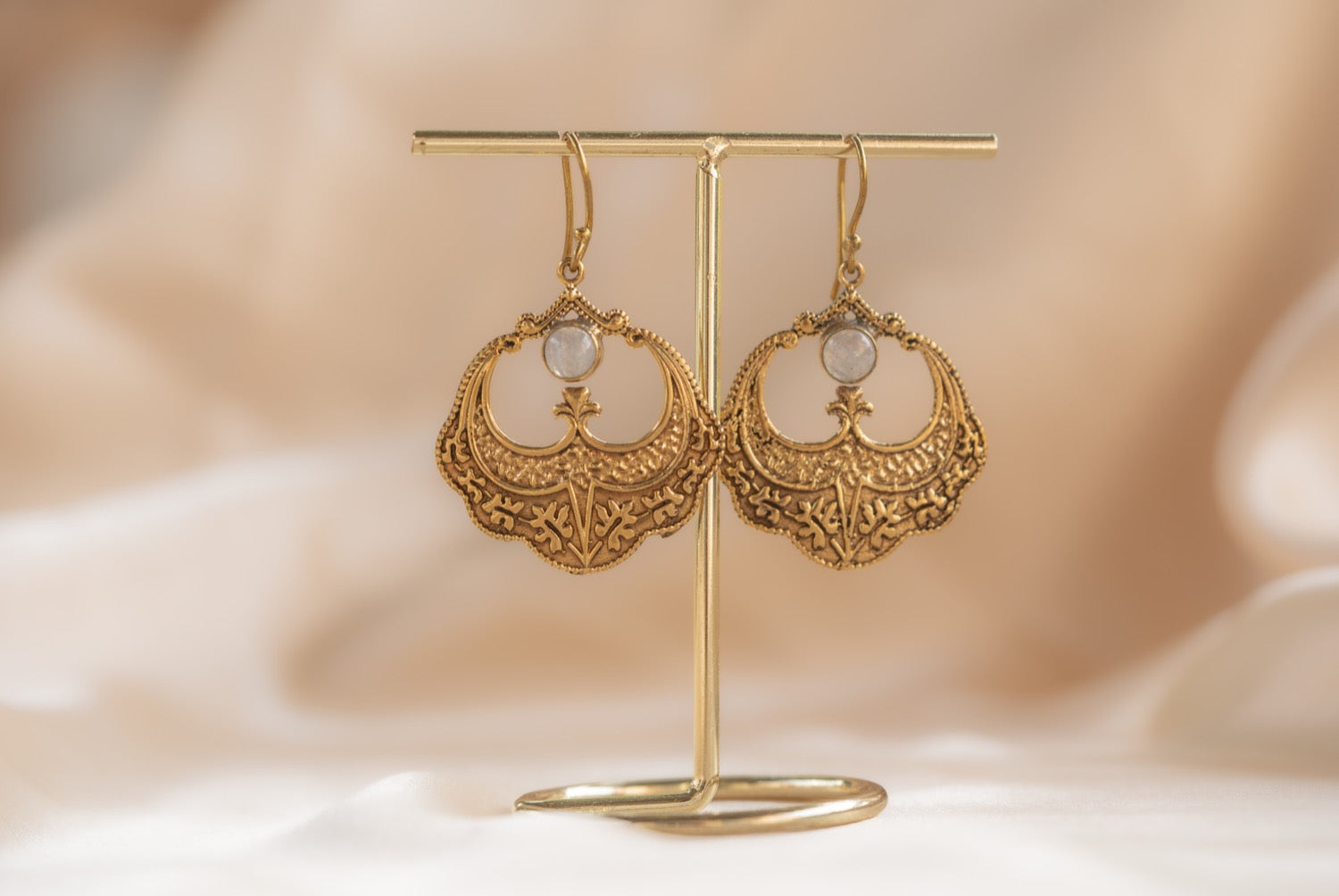 Petal Drop handmade brass earring with rainbow moonstone stone — Land of Sundara